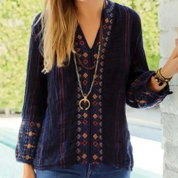 Johnny Was Blue Plaid Embroidered Boho Gauze Cotton Blend Vika Paris Blouse M - Picture 8 of 8